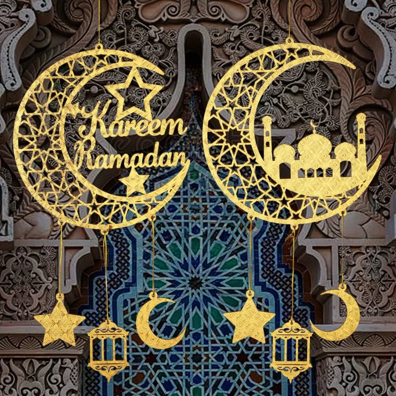 زينة جدارية خشبية على شكل قمر ونجوم رمضان