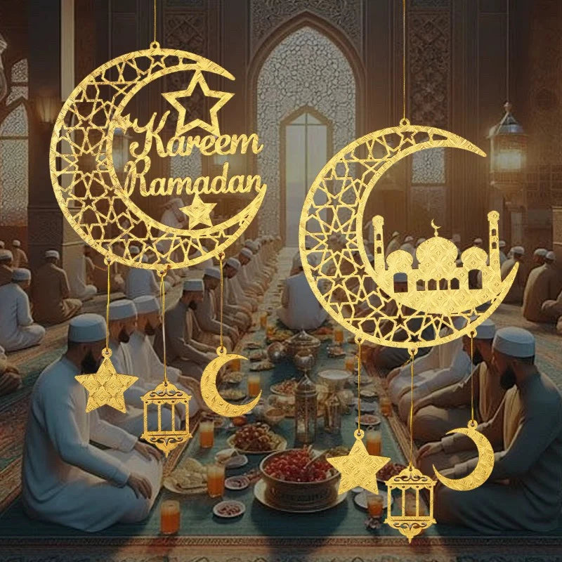 زينة جدارية خشبية على شكل قمر ونجوم رمضان